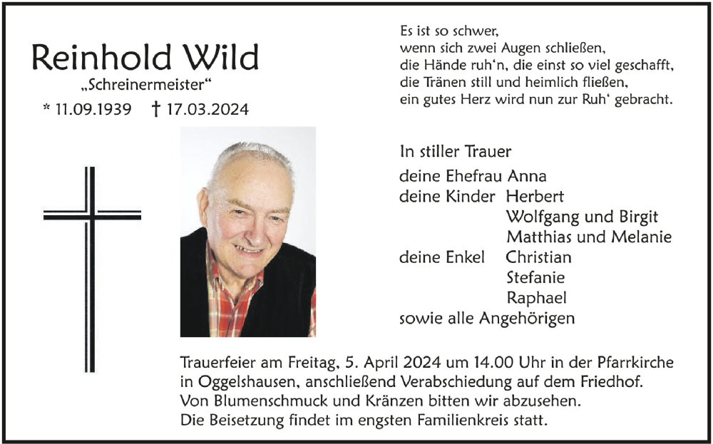  Traueranzeige für Reinhold Wild vom 03.04.2024 aus Schwäbische Zeitung