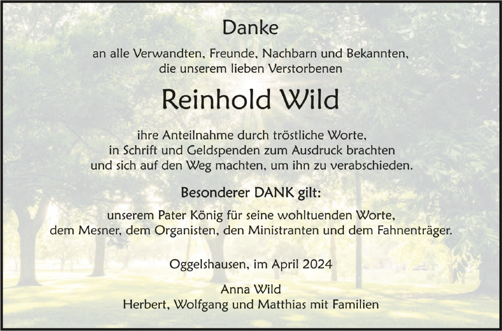  Traueranzeige für Reinhold Wild vom 27.04.2024 aus Schwäbische Zeitung