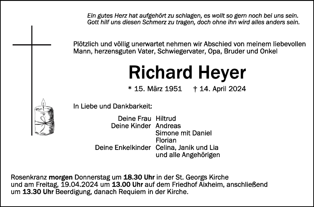  Traueranzeige für Richard Heyer vom 17.04.2024 aus Schwäbische Zeitung