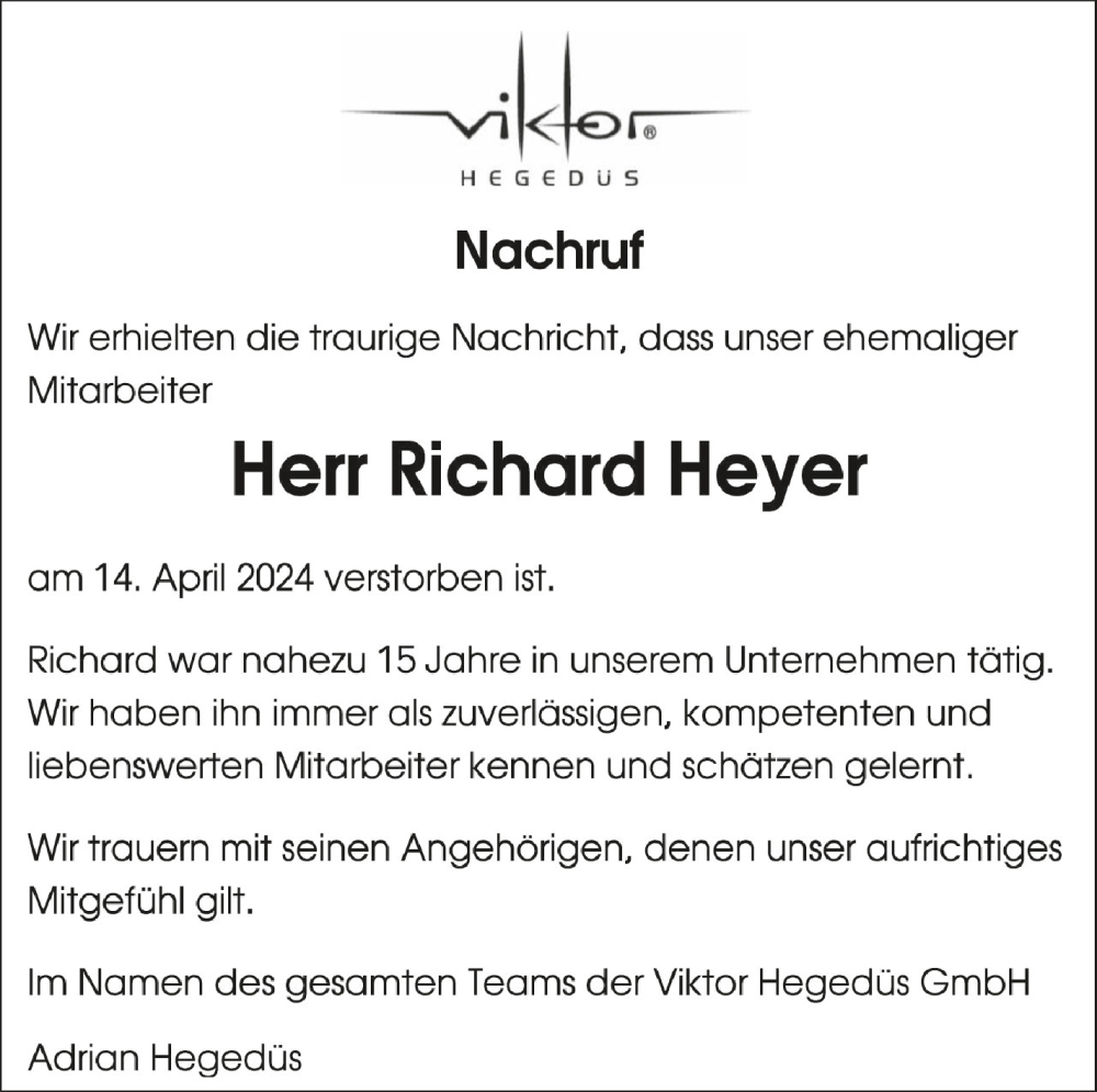  Traueranzeige für Richard Heyer vom 18.04.2024 aus Schwäbische Zeitung
