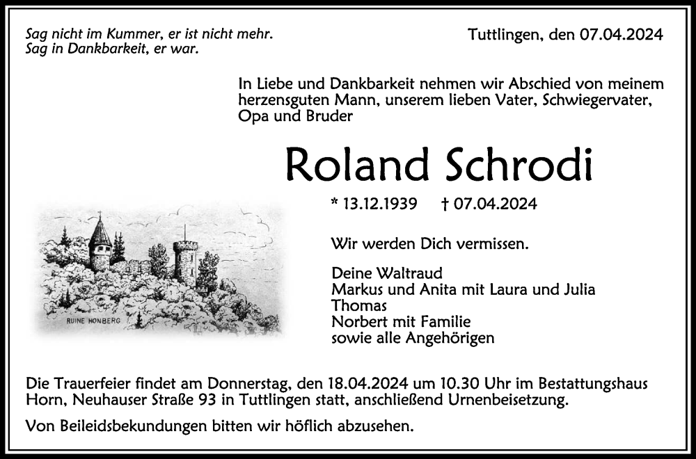  Traueranzeige für Roland Schrodi vom 12.04.2024 aus Schwäbische Zeitung