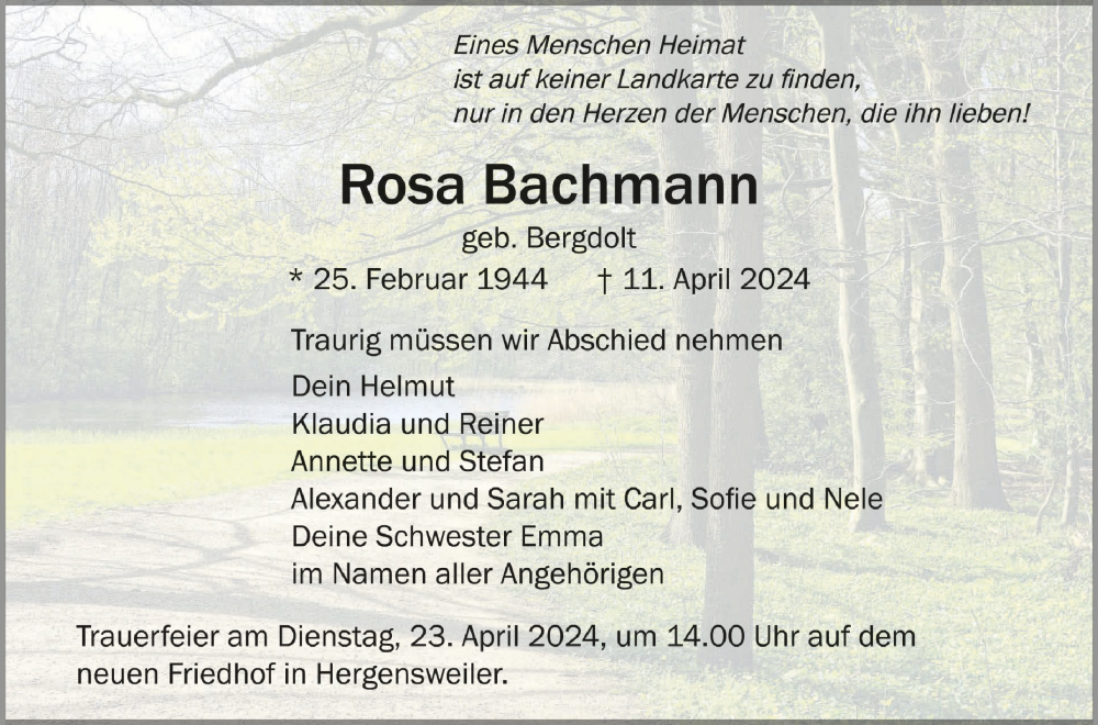  Traueranzeige für Rosa Bachmann vom 20.04.2024 aus Schwäbische Zeitung