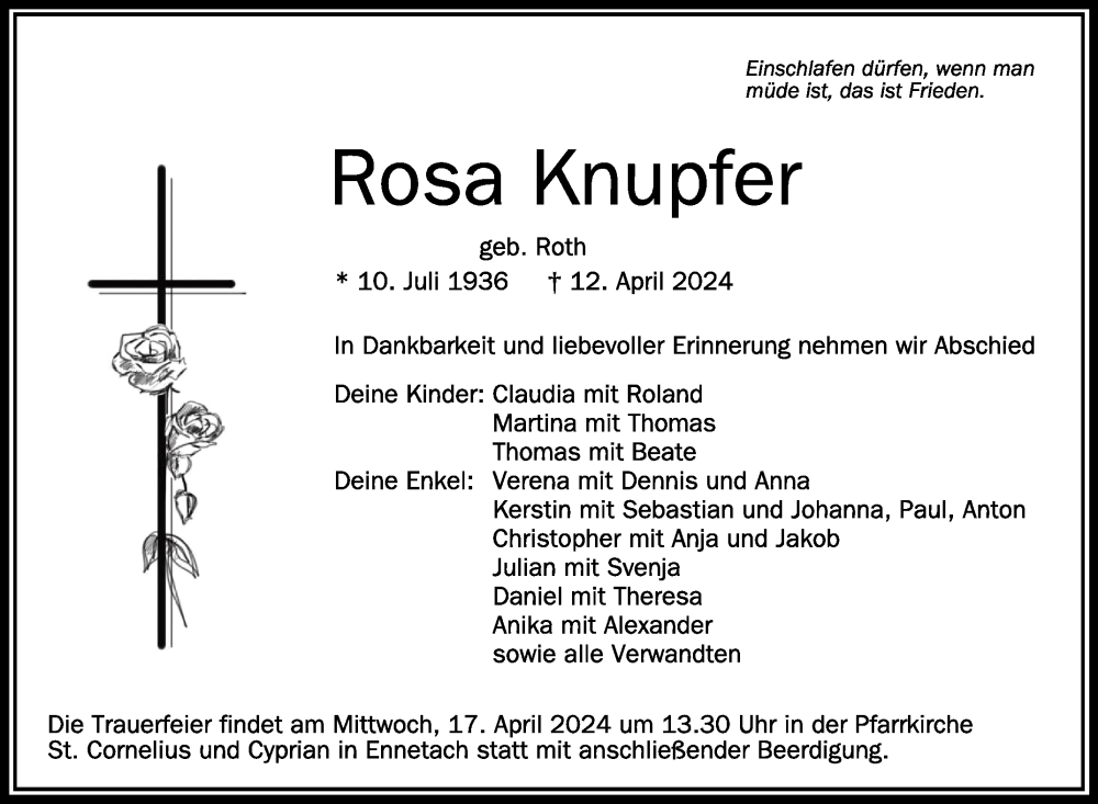  Traueranzeige für Rosa Knupfer vom 16.04.2024 aus Schwäbische Zeitung