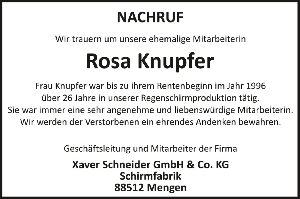  Traueranzeige für Rosa Knupfer vom 18.04.2024 aus Schwäbische Zeitung