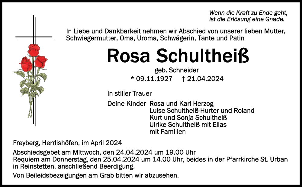  Traueranzeige für Rosa Schultheiß vom 23.04.2024 aus Schwäbische Zeitung
