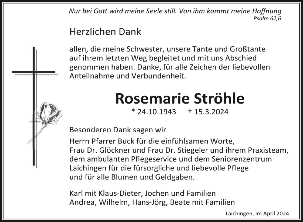  Traueranzeige für Rosemarie Ströhle vom 06.04.2024 aus Schwäbische Zeitung