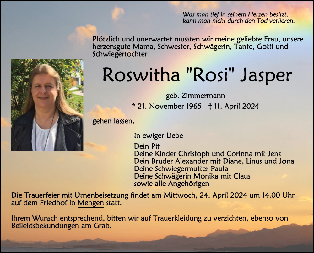  Traueranzeige für Roswitha  Jasper vom 20.04.2024 aus Schwäbische Zeitung