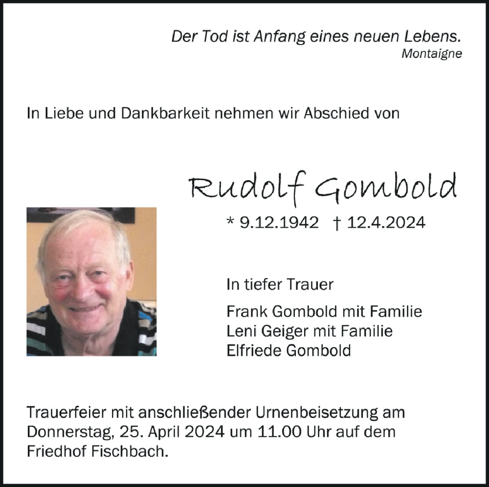  Traueranzeige für Rudolf Gombold vom 20.04.2024 aus Schwäbische Zeitung