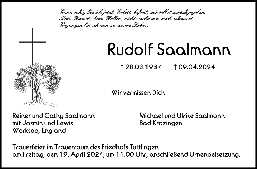  Traueranzeige für Rudolf Saalmann vom 17.04.2024 aus Schwäbische Zeitung