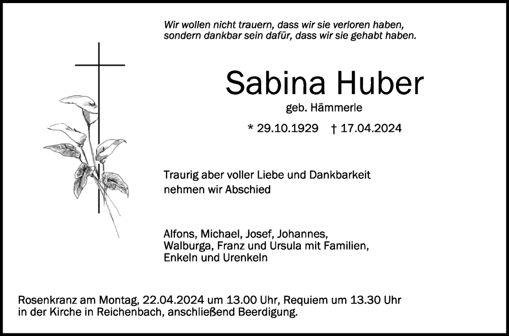  Traueranzeige für Sabina Huber vom 20.04.2024 aus Schwäbische Zeitung
