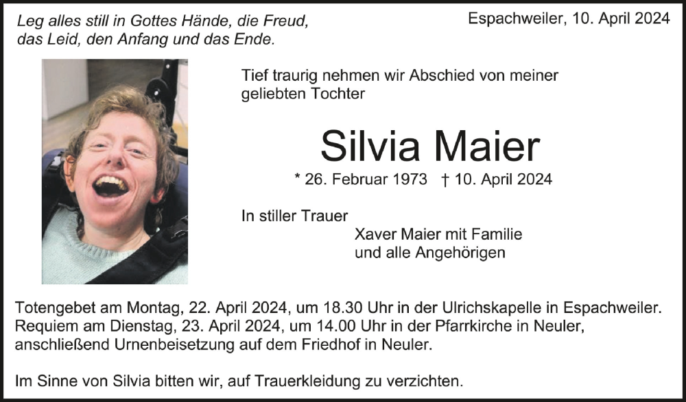  Traueranzeige für Silvia Maier vom 20.04.2024 aus Schwäbische Zeitung