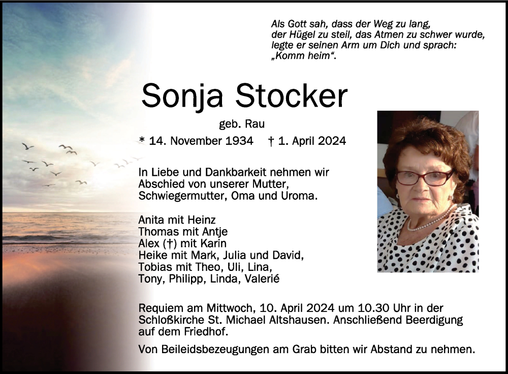  Traueranzeige für Sonja Stocker vom 06.04.2024 aus Schwäbische Zeitung
