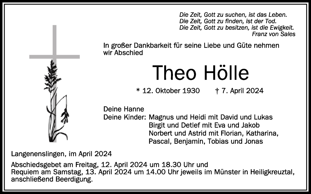  Traueranzeige für Theo Hölle vom 11.04.2024 aus Schwäbische Zeitung