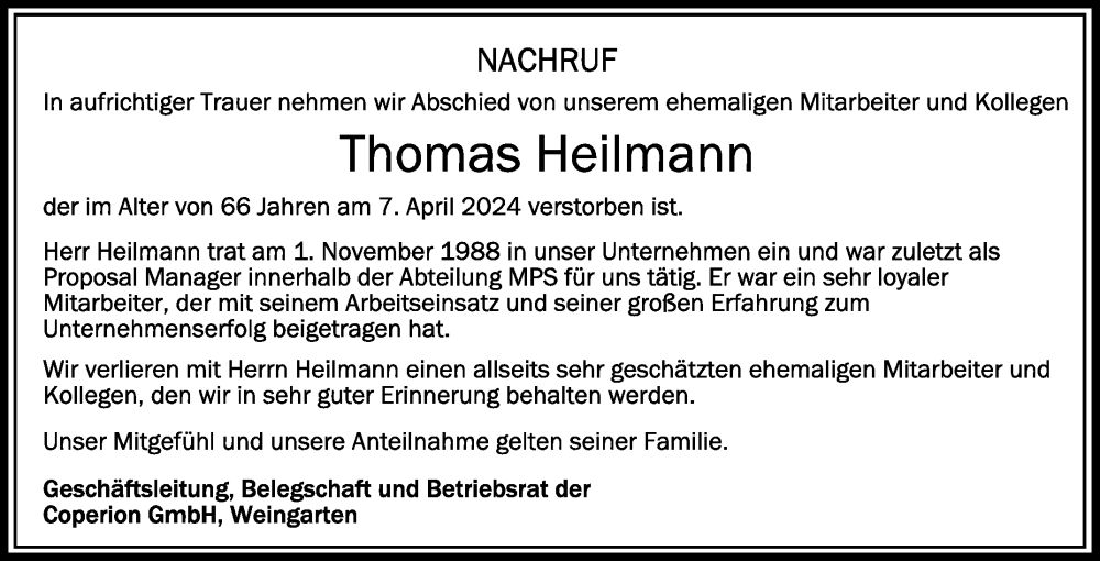  Traueranzeige für Thomas Heilmann vom 17.04.2024 aus Schwäbische Zeitung