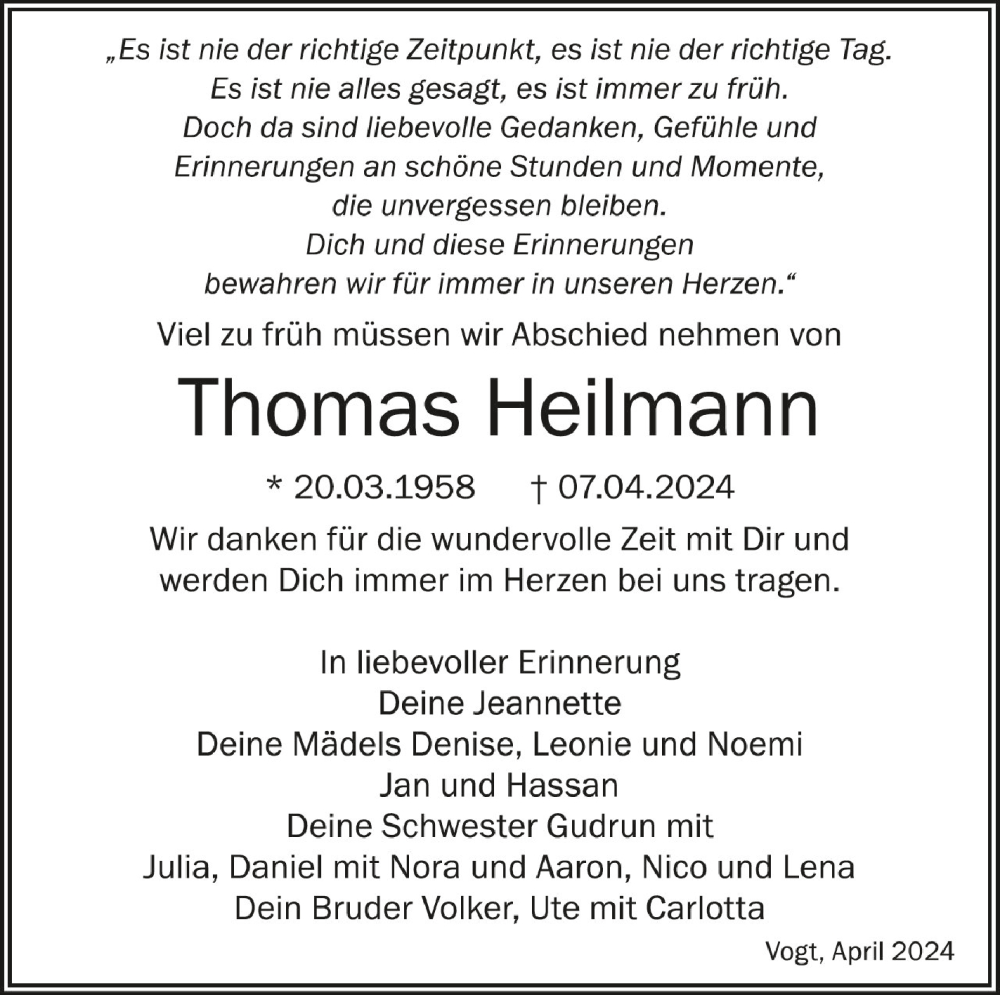  Traueranzeige für Thomas Heilmann vom 20.04.2024 aus Schwäbische Zeitung