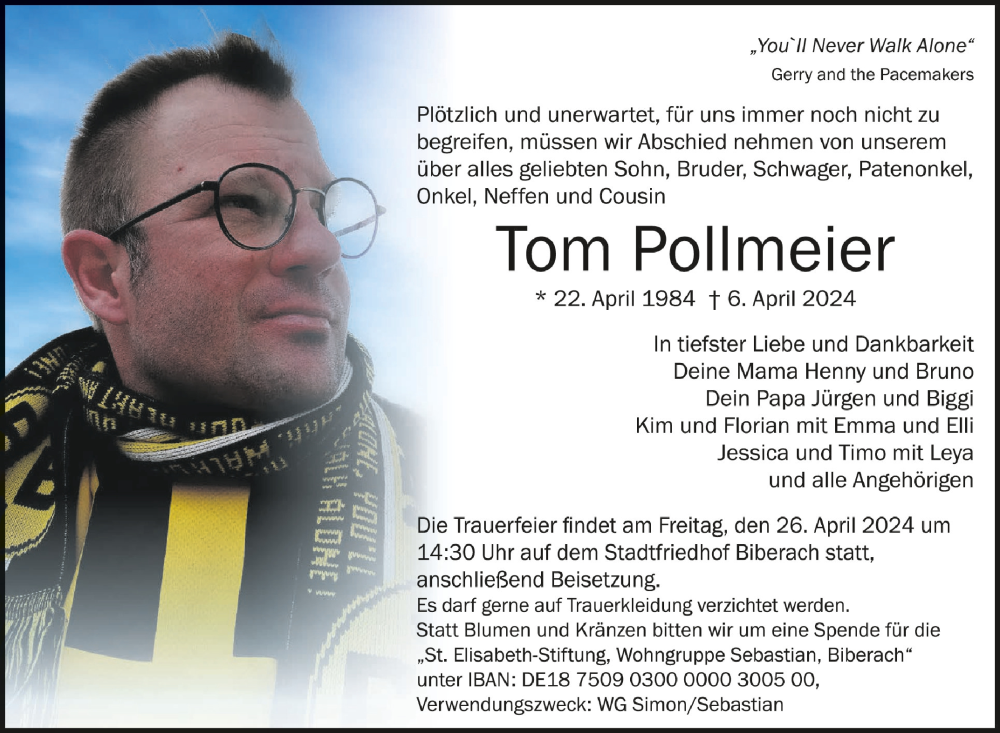  Traueranzeige für Tom Pollmeier vom 20.04.2024 aus Schwäbische Zeitung