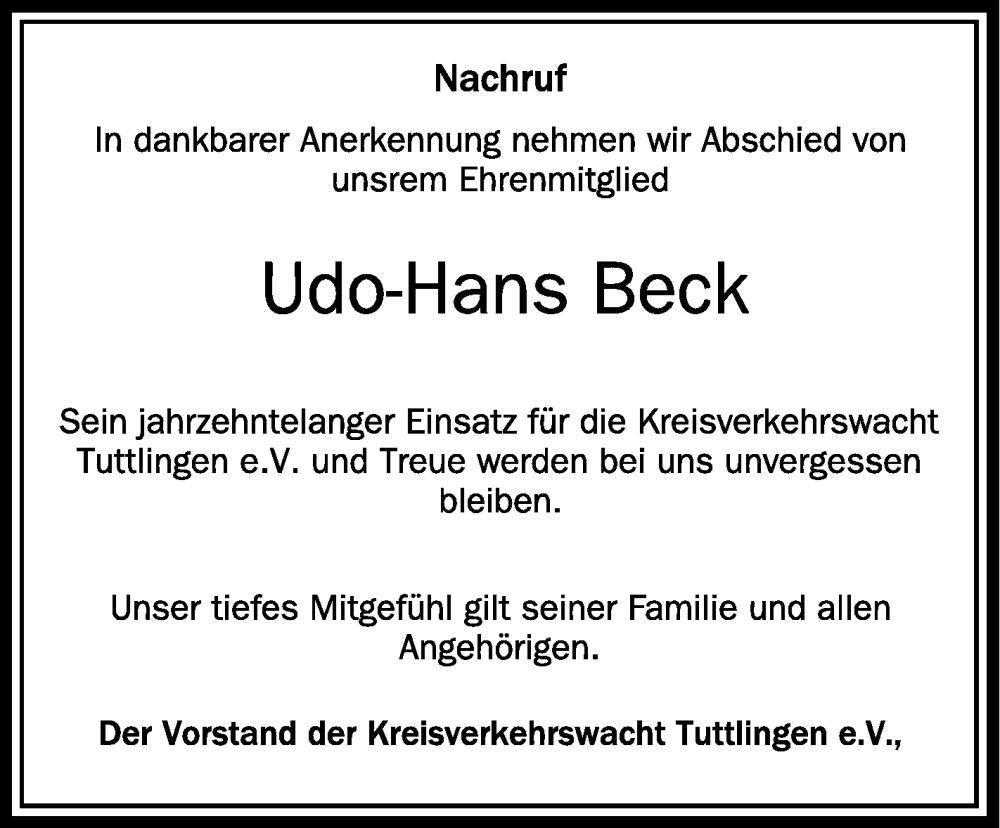  Traueranzeige für Udo-Hans Beck vom 30.04.2024 aus Schwäbische Zeitung