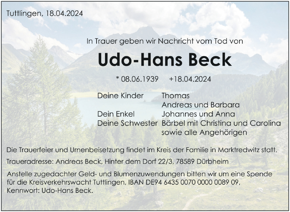  Traueranzeige für Udo-Hans Beck vom 26.04.2024 aus Schwäbische Zeitung