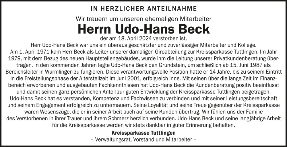  Traueranzeige für Udo-Hans Beck vom 30.04.2024 aus Schwäbische Zeitung