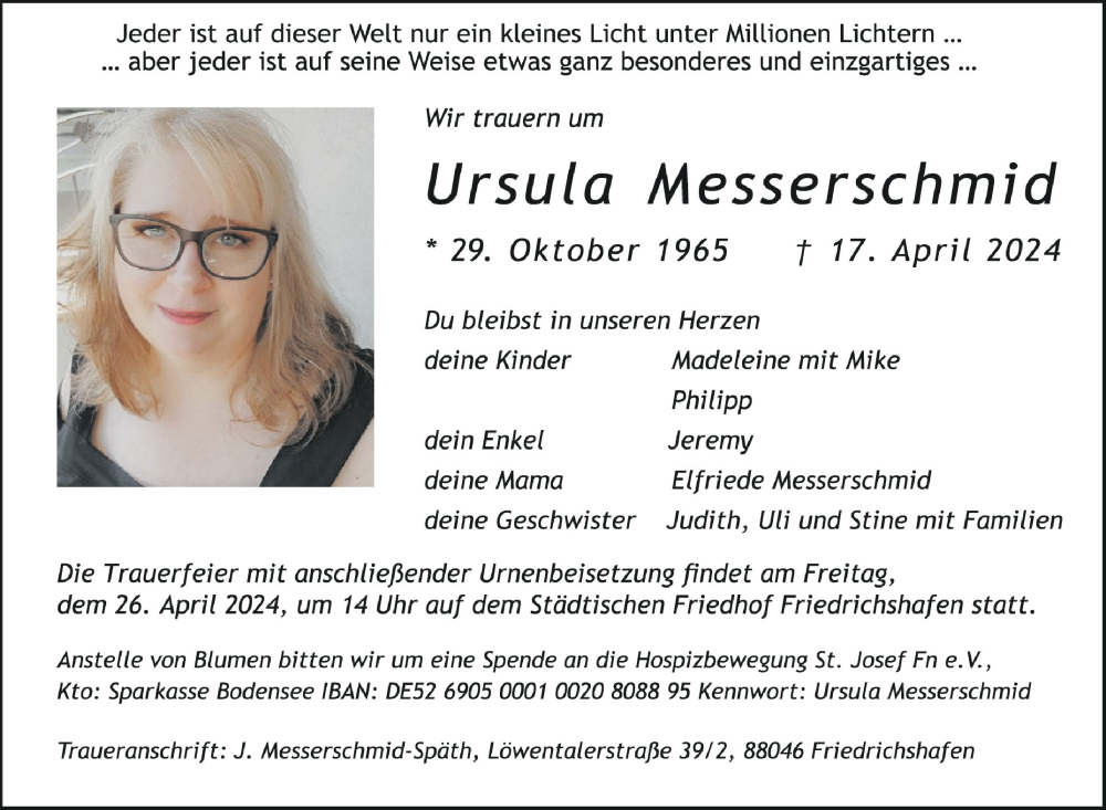  Traueranzeige für Ursula Messerschmid vom 20.04.2024 aus Schwäbische Zeitung