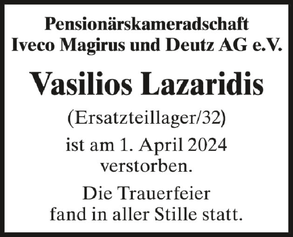  Traueranzeige für Vasilios Lazaridis vom 20.04.2024 aus Schwäbische Zeitung