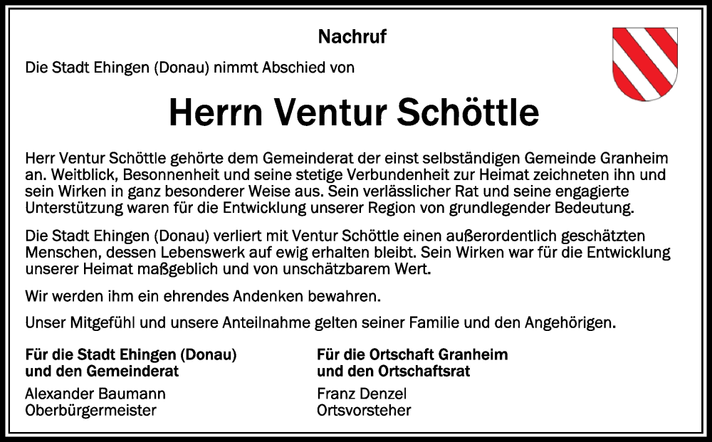  Traueranzeige für Ventur Schöttle vom 10.04.2024 aus Schwäbische Zeitung