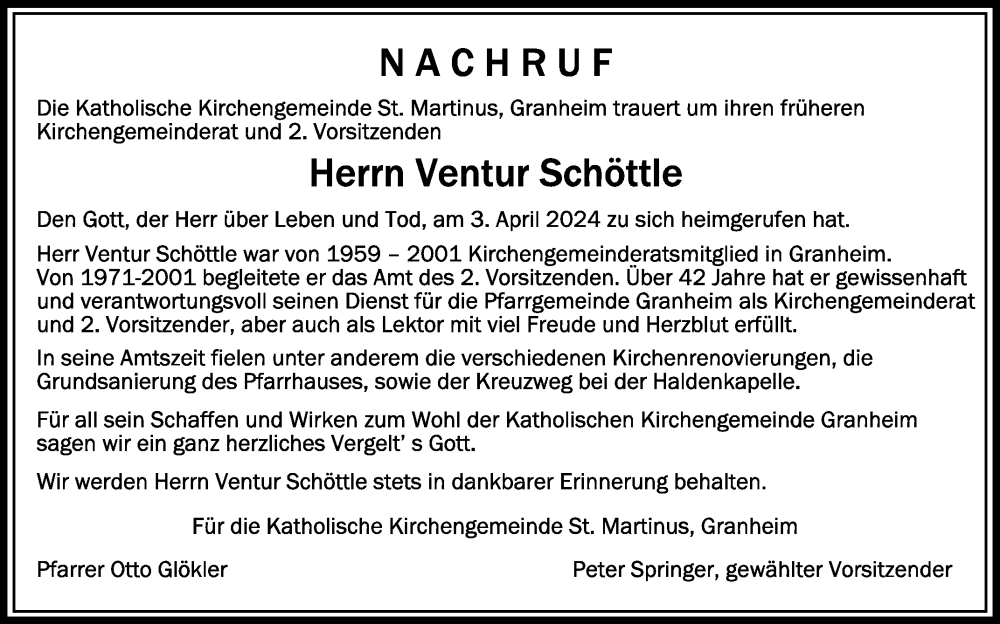  Traueranzeige für Ventur Schöttle vom 12.04.2024 aus Schwäbische Zeitung