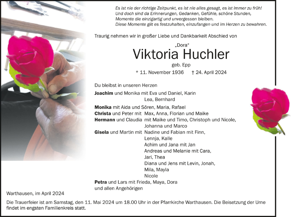  Traueranzeige für Viktoria Huchler vom 27.04.2024 aus Schwäbische Zeitung