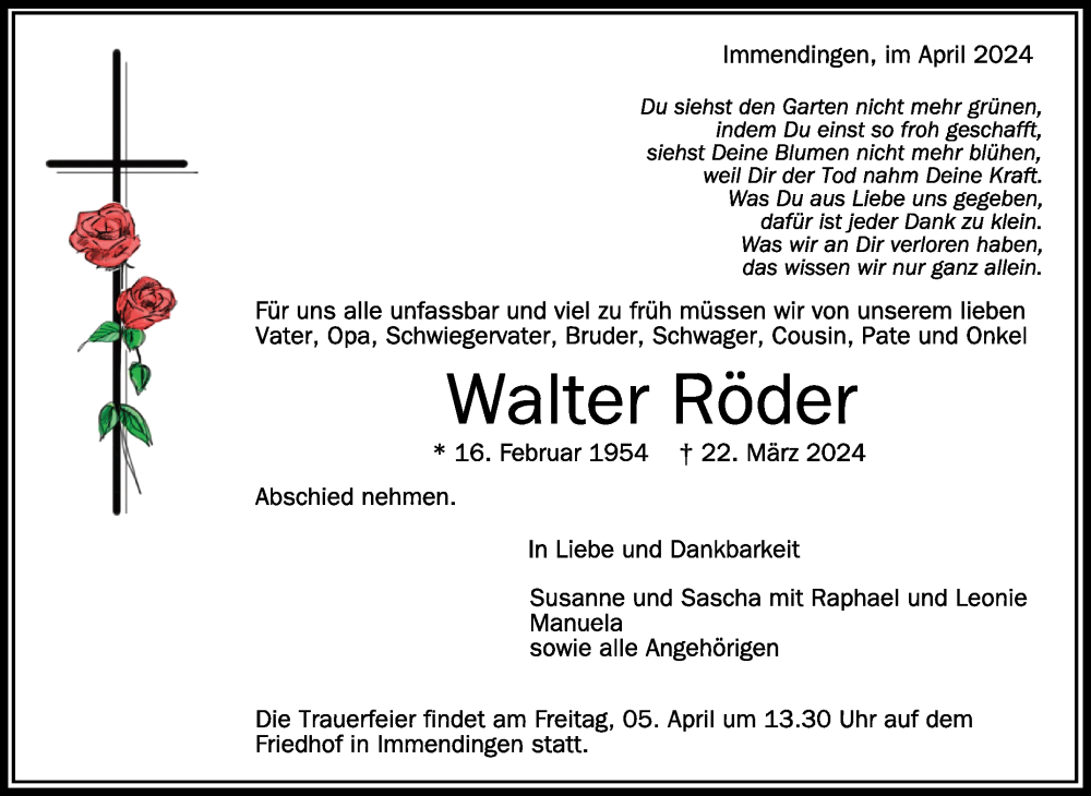 Traueranzeige für Walter Röder vom 03.04.2024 aus Schwäbische Zeitung