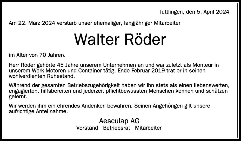  Traueranzeige für Walter Röder vom 05.04.2024 aus Schwäbische Zeitung