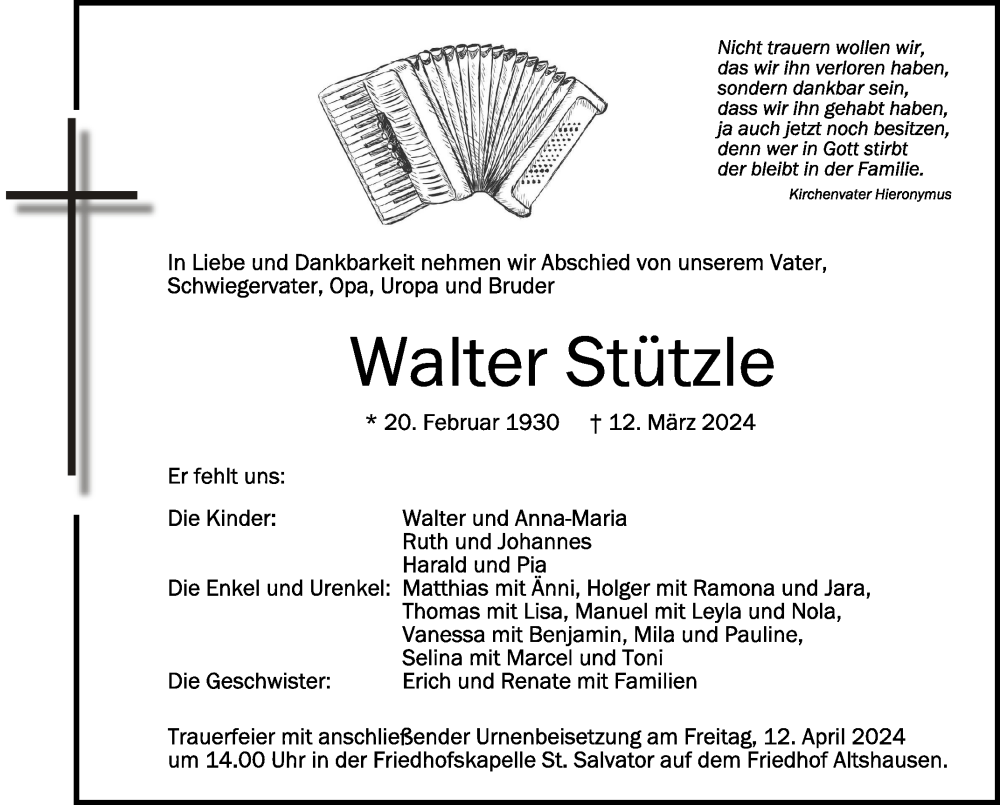  Traueranzeige für Walter Stützle vom 09.04.2024 aus Schwäbische Zeitung