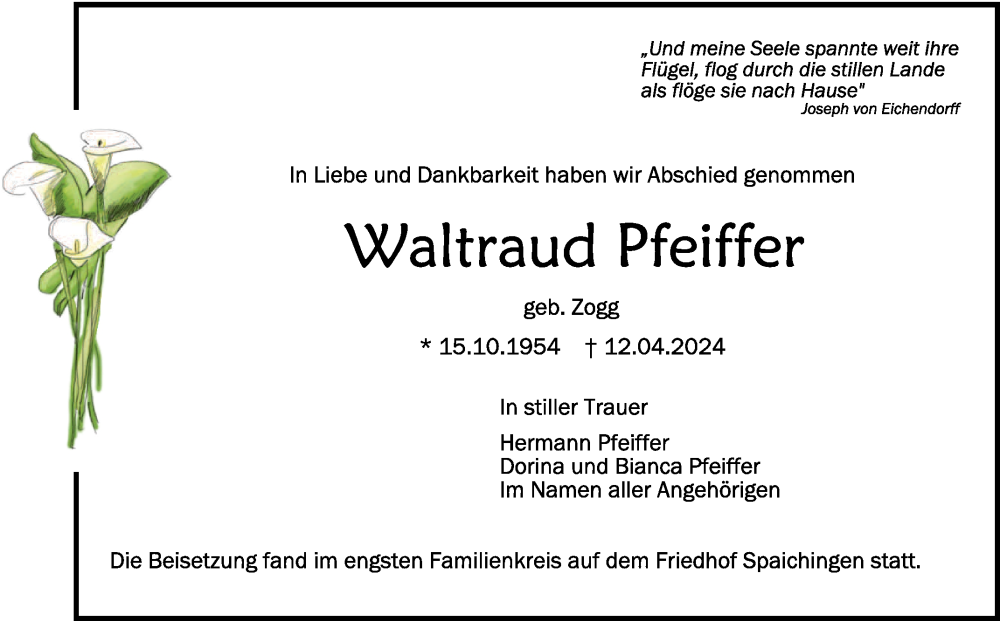  Traueranzeige für Waltraud Pfeiffer vom 20.04.2024 aus Schwäbische Zeitung