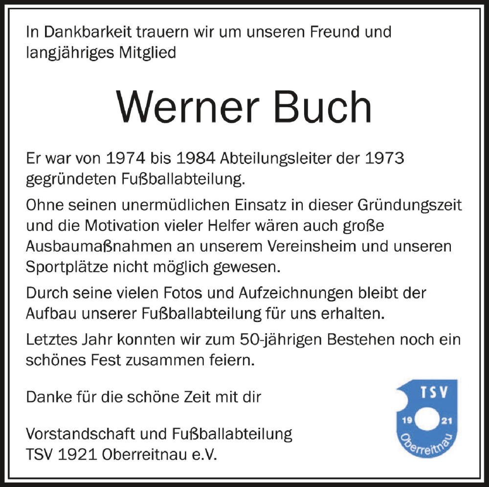  Traueranzeige für Werner Buch vom 13.04.2024 aus Schwäbische Zeitung