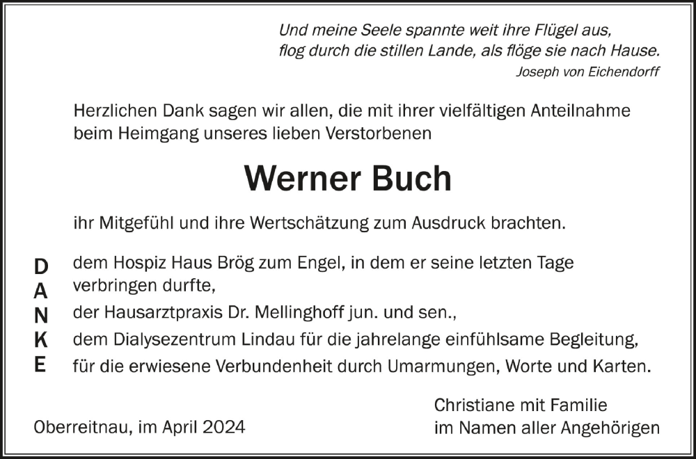  Traueranzeige für Werner Buch vom 13.04.2024 aus Schwäbische Zeitung