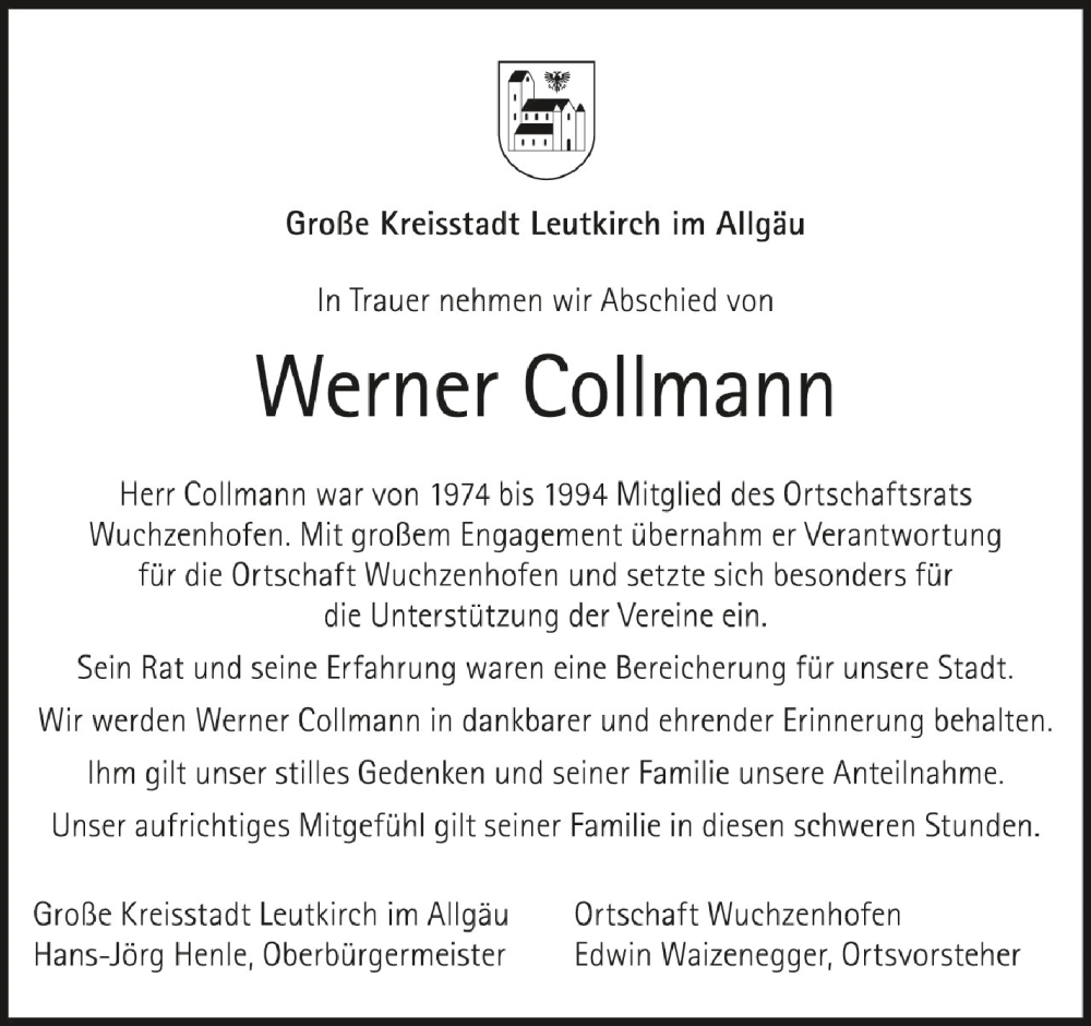  Traueranzeige für Werner Collmann vom 12.04.2024 aus Schwäbische Zeitung