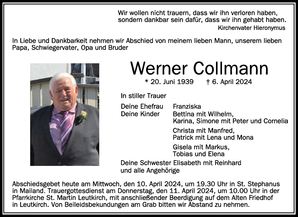  Traueranzeige für Werner Collmann vom 10.04.2024 aus Schwäbische Zeitung