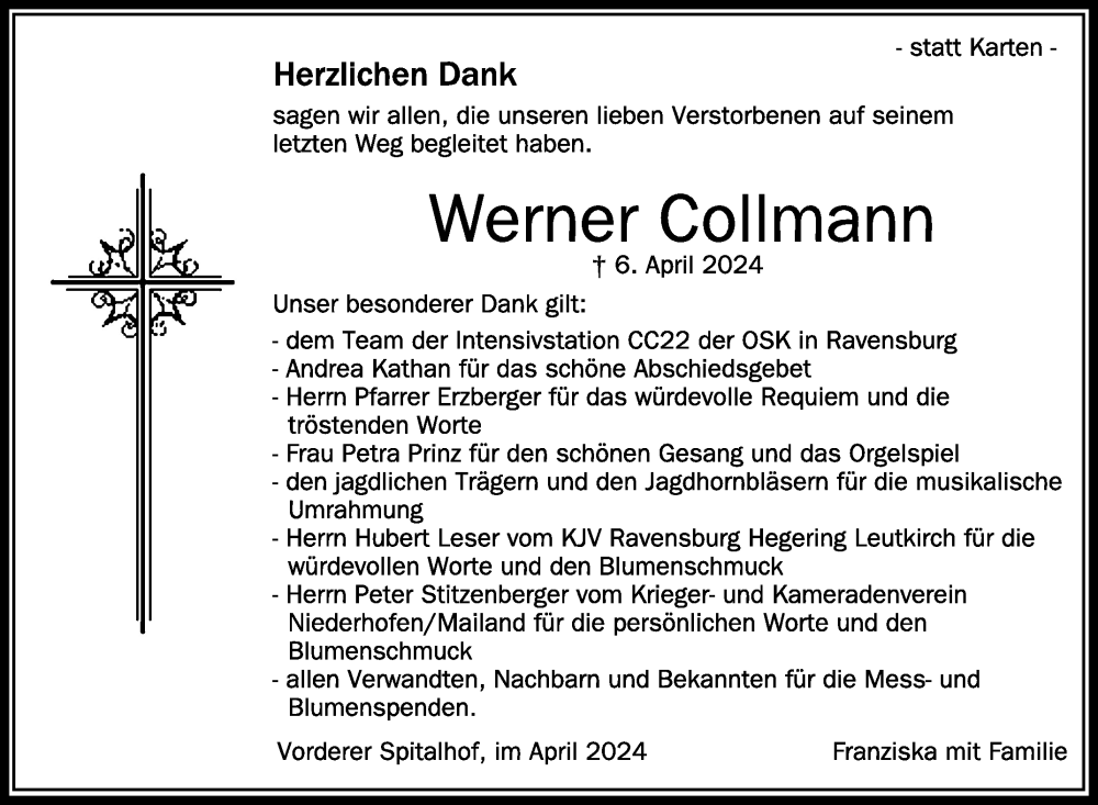  Traueranzeige für Werner Collmann vom 20.04.2024 aus Schwäbische Zeitung