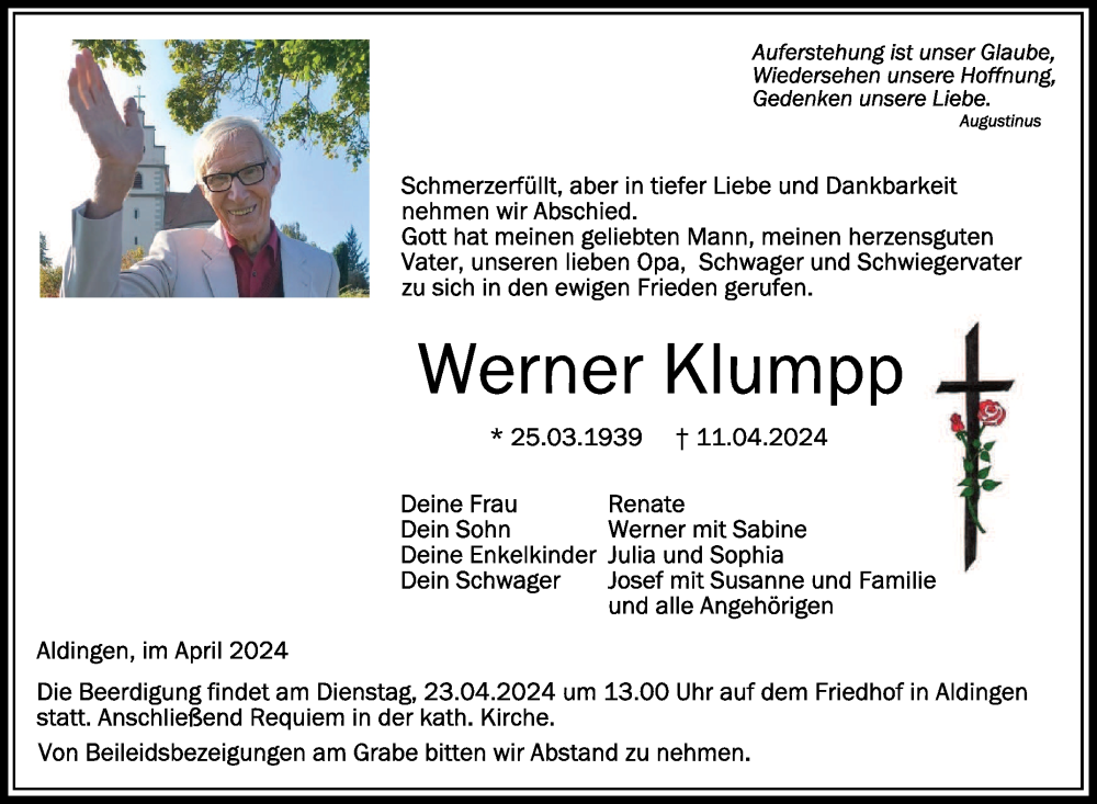  Traueranzeige für Werner Klumpp vom 19.04.2024 aus Schwäbische Zeitung