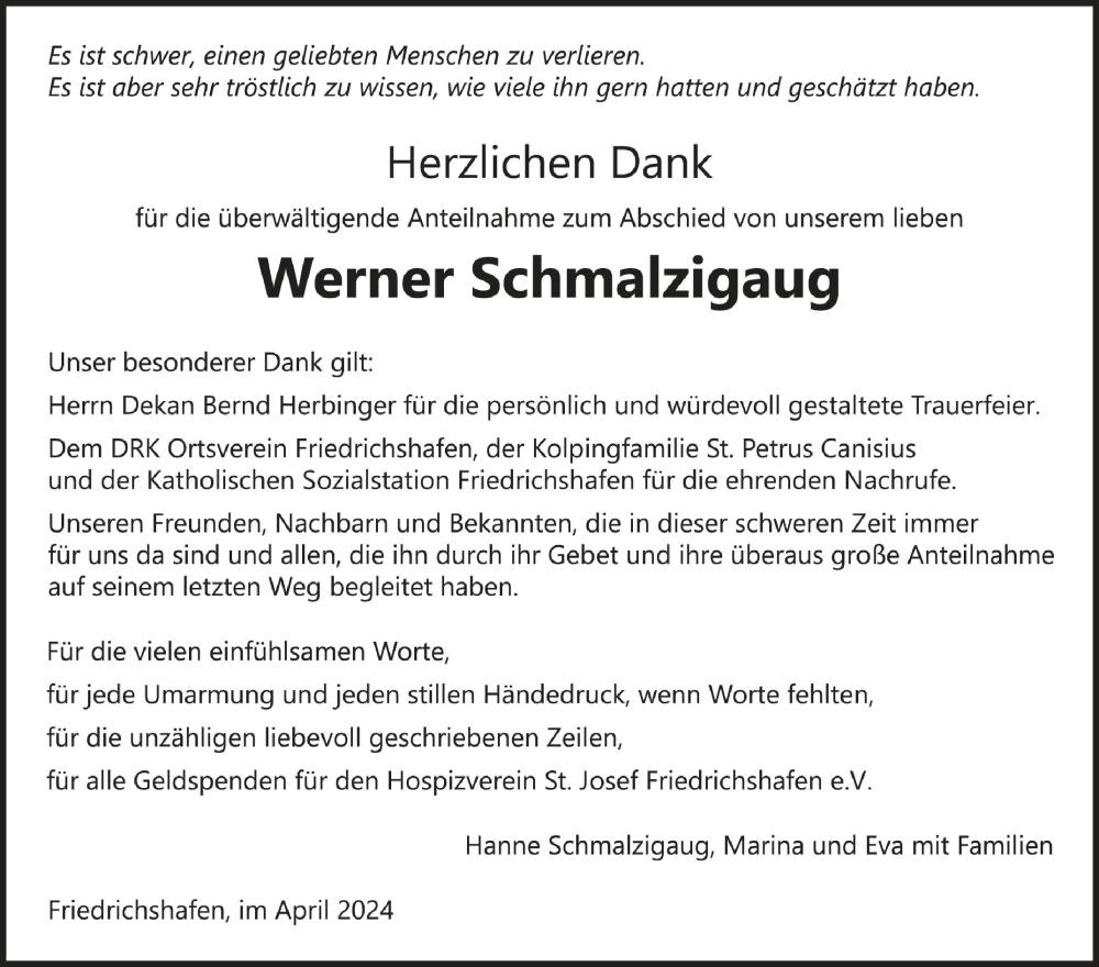  Traueranzeige für Werner Schmalzigaug vom 27.04.2024 aus Schwäbische Zeitung