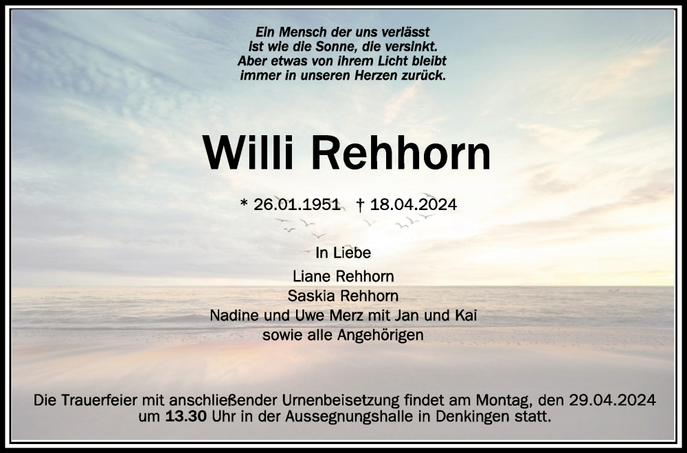  Traueranzeige für Willi Rehhorn vom 25.04.2024 aus Schwäbische Zeitung