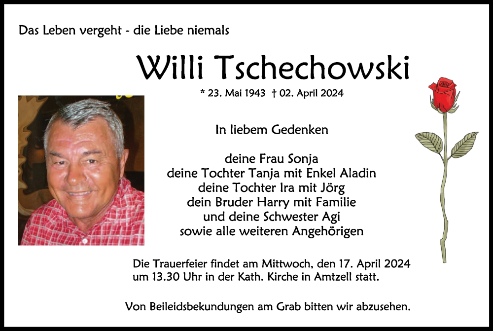  Traueranzeige für Willi Tschechowski vom 13.04.2024 aus Schwäbische Zeitung