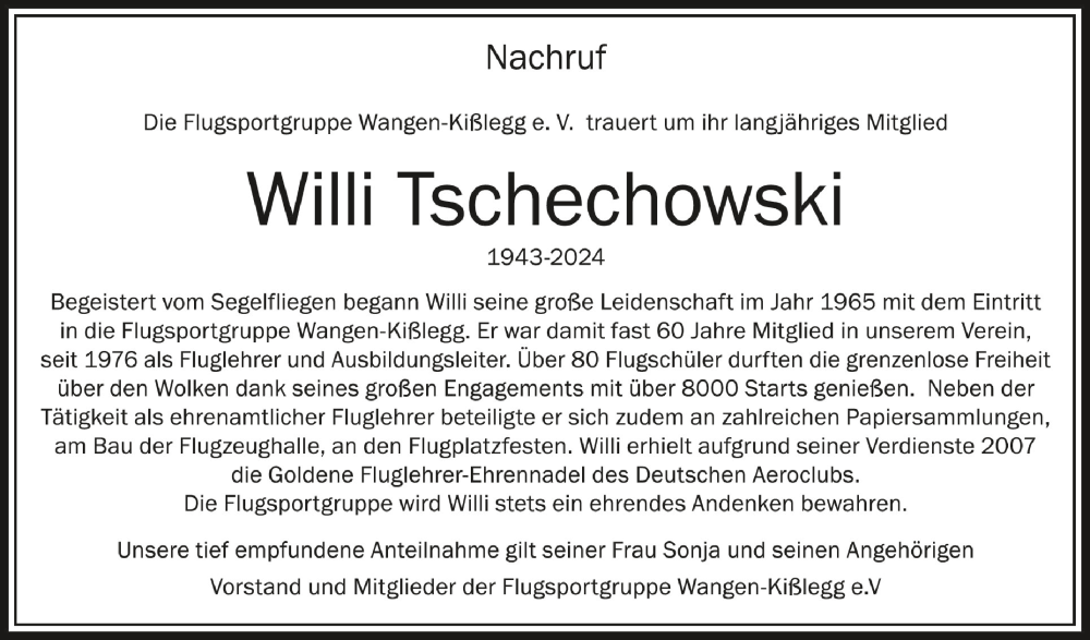  Traueranzeige für Willi Tschechowski vom 24.04.2024 aus Schwäbische Zeitung
