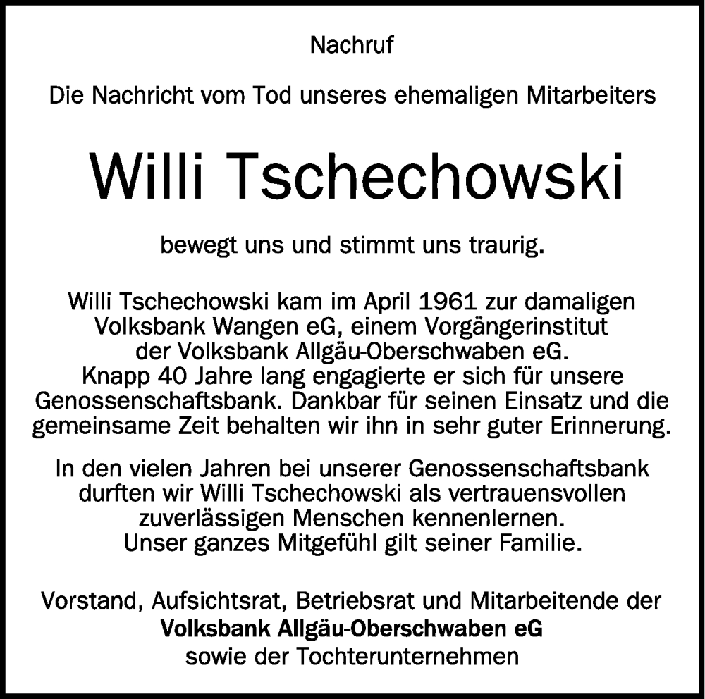  Traueranzeige für Willi Tschechowski vom 18.04.2024 aus Schwäbische Zeitung