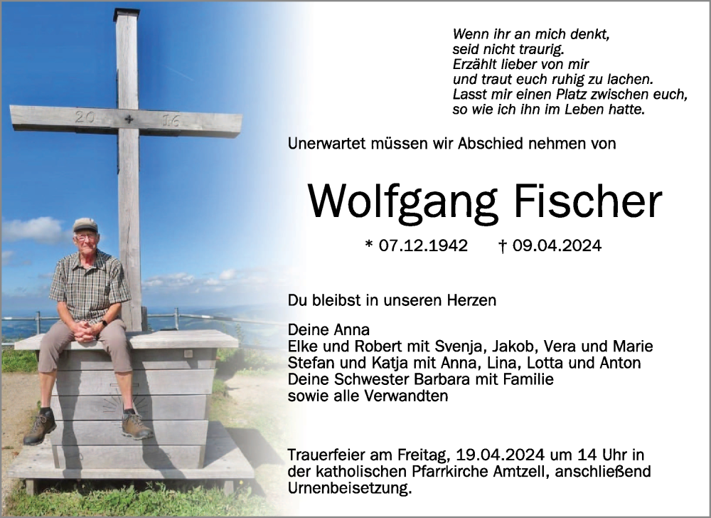  Traueranzeige für Wolfgang Fischer vom 16.04.2024 aus Schwäbische Zeitung