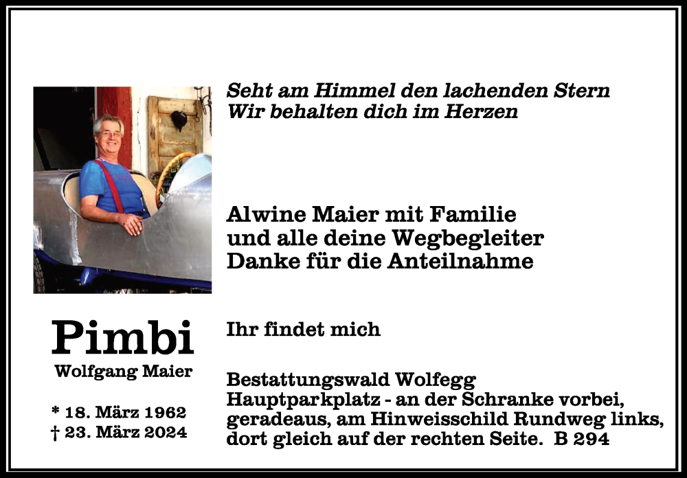 Traueranzeige für Wolfgang Maier vom 20.04.2024 aus Schwäbische Zeitung
