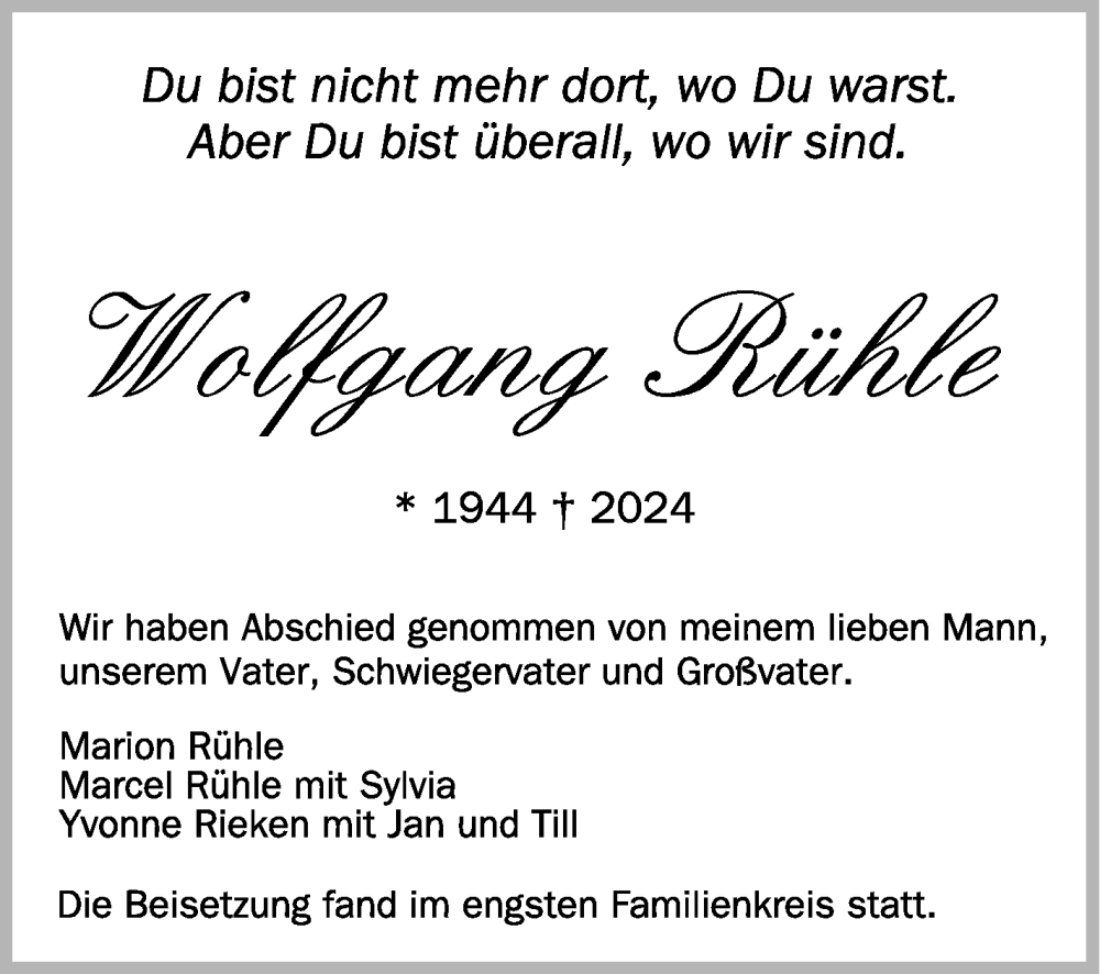  Traueranzeige für Wolfgang Rühle vom 23.04.2024 aus Schwäbische Zeitung