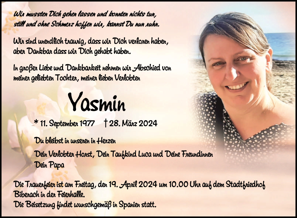  Traueranzeige für Yasmin  vom 13.04.2024 aus Schwäbische Zeitung