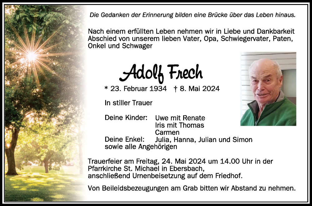  Traueranzeige für Adolf Frech vom 18.05.2024 aus Schwäbische Zeitung