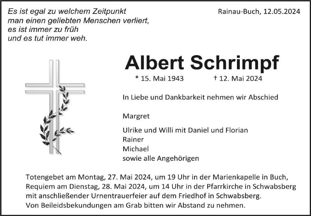  Traueranzeige für Albert Schrimpf vom 22.05.2024 aus Schwäbische Zeitung