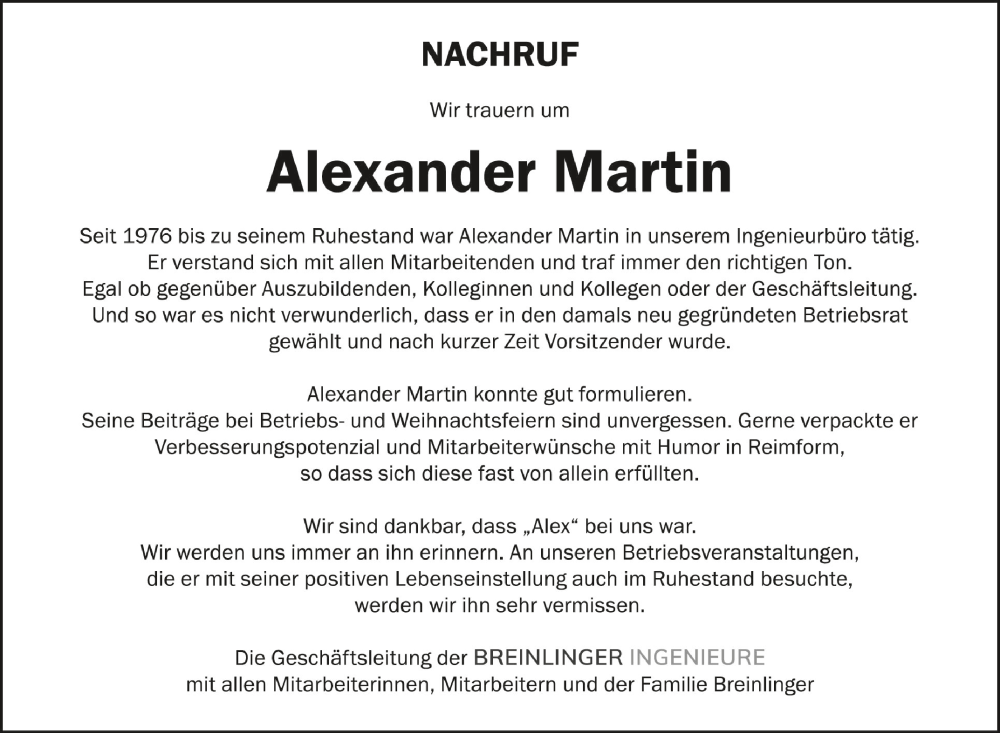  Traueranzeige für Alexander Martin vom 04.05.2024 aus Schwäbische Zeitung